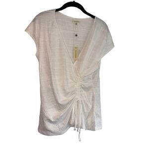 Max‎ Studio White Ruched Front V-Neck Top Casual Blouse Short Sleeve L